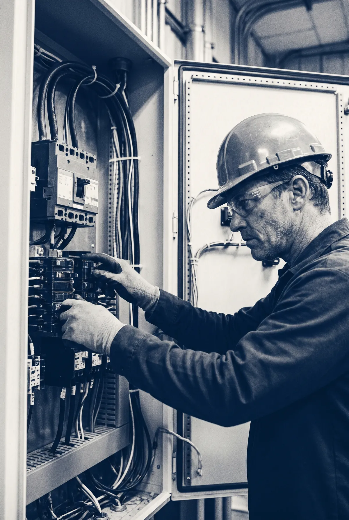 Electrician working inside an open electrical panel